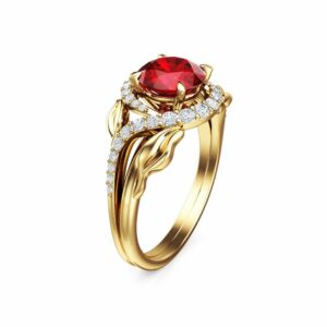 40th Anniversary Natural Ruby Rings Camellia Jewelry Promise Engagement Rings 14K Yellow Gold Wedding Ring July Birthstone