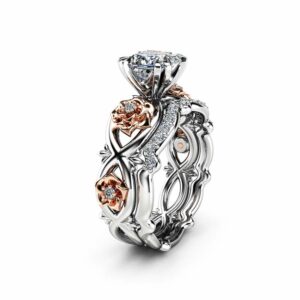 Flower Diamond Engagement Ring Set Conflict Free Princess Diamond Ring Set 14K Two Tone Gold Matching Rings
