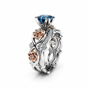 London Blue Topaz Promise Rings Princess Cut Bridal Ring Set Floral White and Rose Gold Bands Camellia Jewelry