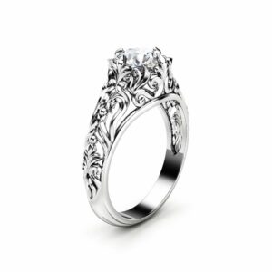 Unique Moissanite Engagement Ring 14K White Gold Filigree Promise Ring