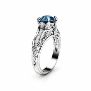 Unique Blue Diamond Engagement Ring Unique Art Deco Engagement Ring 14K White Gold Art Deco Ring Anniversary Gift