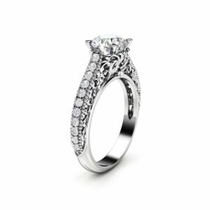 Vintage Engagement Ring Side Diamonds & Moissanite Ring 14k White Gold Vintage Ring