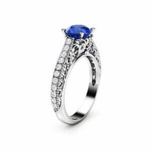 Vintage Engagement Ring Blue Sapphire & Side Diamonds Ring 14K White Gold Vintage Ring