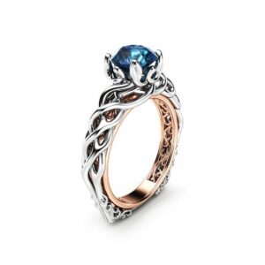 Diamond Braided Engagement Ring 18K Two Tone Gold Celtic Ring Solitaire Blue Diamond Engagement Ring Anniversary Gift