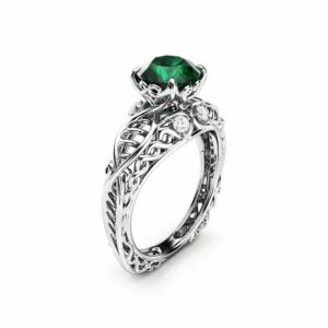 Celtic Engagement Ring 14K White Gold Celtic Ring Unique Emerald Engagement Ring May Birthstone
