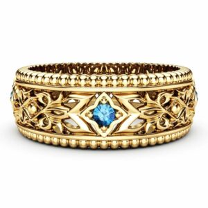 Blue Diamond Wedding Ring 14K Yellow Gold Ring Unique Wedding Band