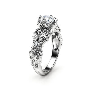 Leaves Moissanite Engagement Ring 14K White Gold Wedding Ring Nature Inspired Engagement Ring
