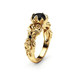 Nature Inspired Black Diamond Engagement Ring Unique 14K Yellow Gold Leaves Engagement Ring