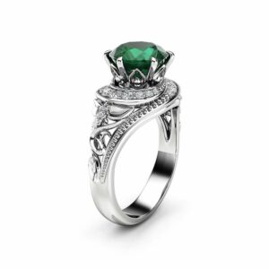 Emerald Halo Engagement Ring 14K White Gold Filigree Ring Natural Emerald Engagement Ring