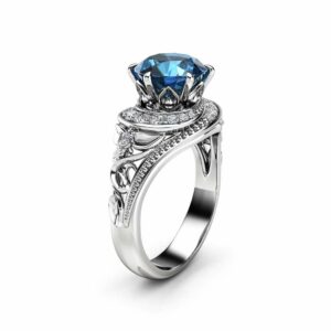 Topaz Halo Engagement Ring 14K White Gold Filigree Ring London Blue Topaz Engagement Ring November Birthstone