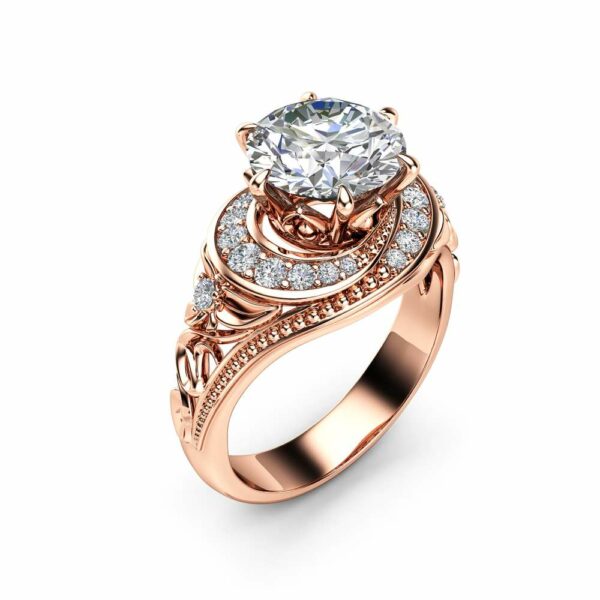 Moissanite Halo Engagement Ring 14K Rose Gold Filigree Ring 2 Carat Moissanite Engagement Ring