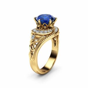 Blue Sapphire Halo Engagement Ring 14K Yellow Gold Filigree Ring Natural Sapphire Engagement Ring
