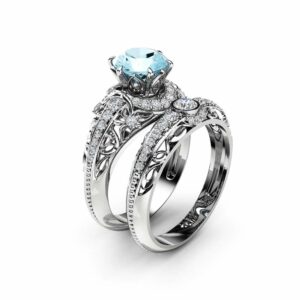 Aquamarine Engagement Ring Set 14K White Gold Diamonds Rings Aquamarine Ring and Matching Diamond Wedding Band Fine Jewelry