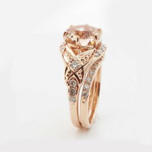 Floral Morganite Engagement Ring Diamond Wedding Band Bridal Set in 14k Rose Gold Custom Engagement Ring