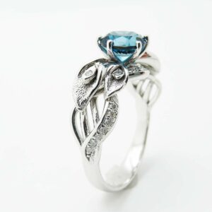 Vintage Ring London Blue Topaz Ring Diamond Antique Milgrain 14K White Gold December Birthstone Gemstone Ring