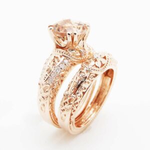 14K Rose Gold Morganite Engagement Ring Vintage Engagement Ring Unique Retro Engagement Ring